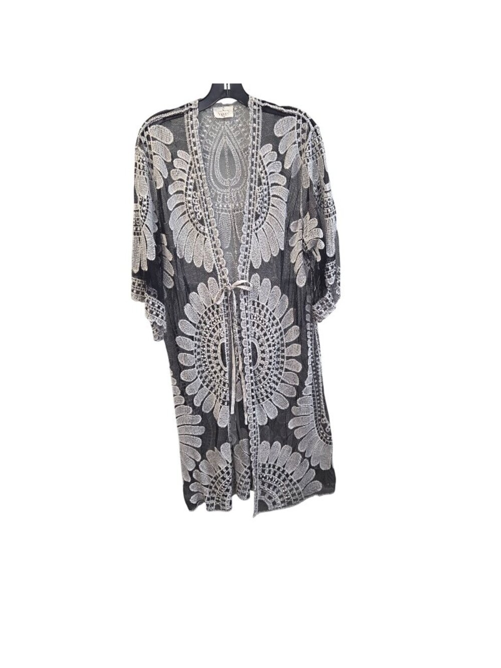 Ember M Black & White Sheer Floral Kimono Cardigan Tie Closure 4608